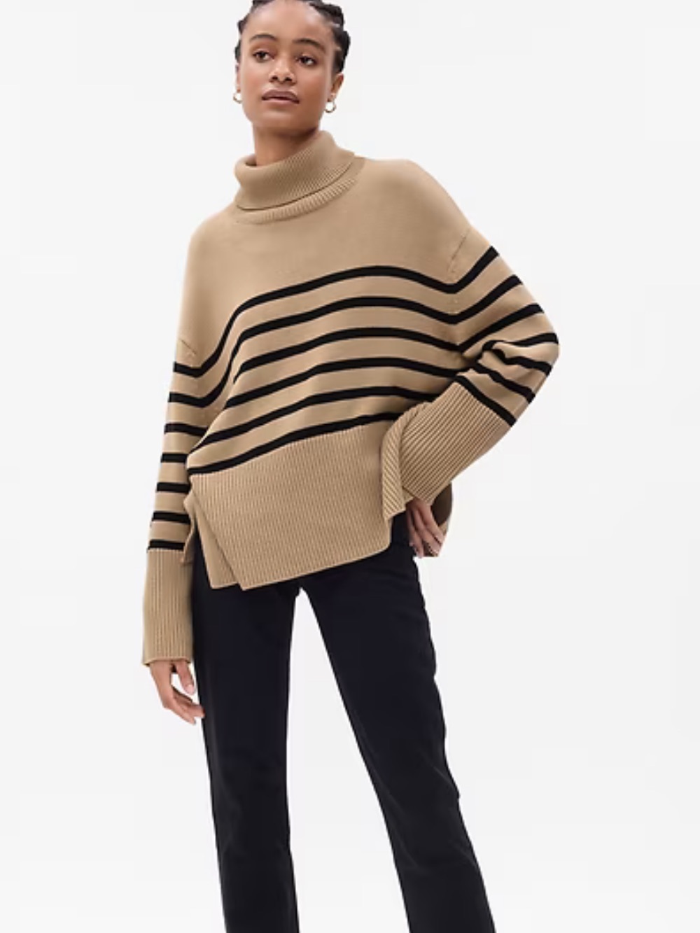 Gap 24/7 Split-Hem Striped Turtleneck Sweater Tan Black Large
